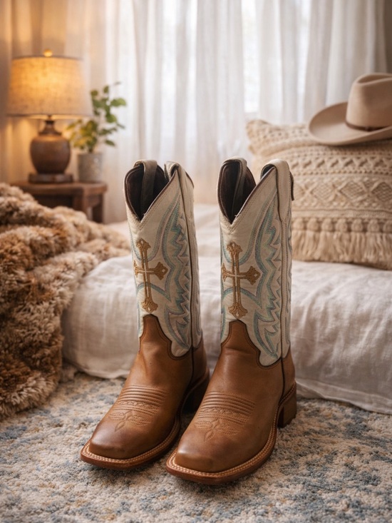 Justin Boots Shoes - Western Embroidered Cross Cowboy Boots - Brown & Cream Reba Justin cow girl boot